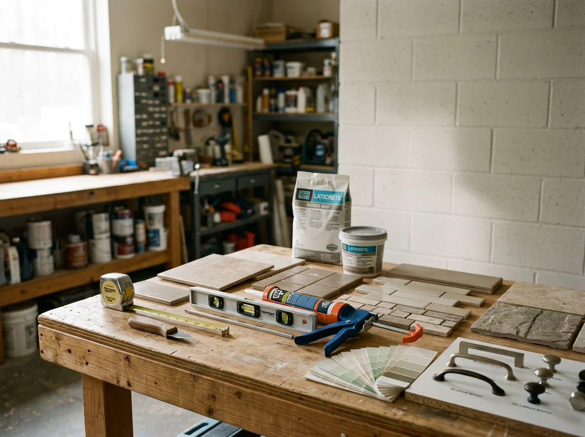 Home improvement tools and materials arranged on a work surface, representing the range of remodeling and restoration services offered.