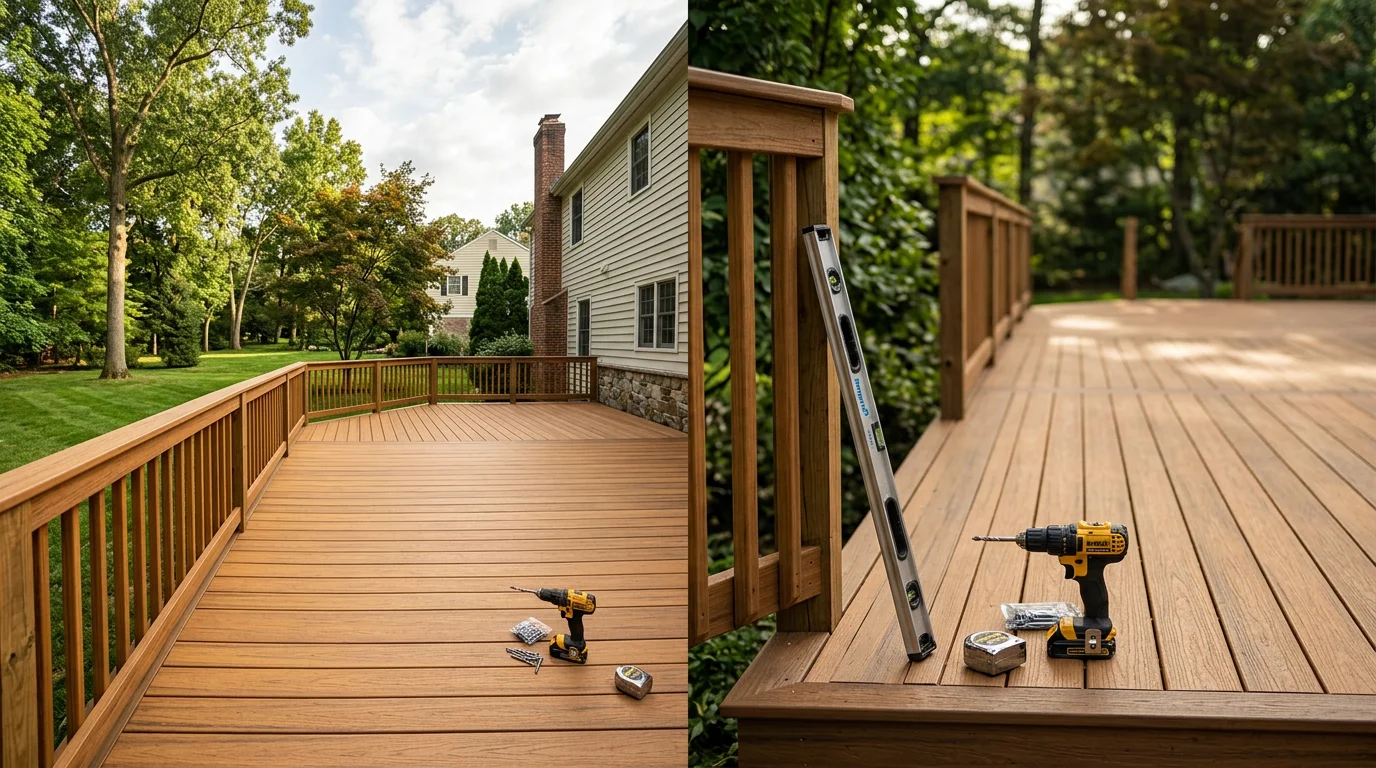 Custom-built residential deck with outdoor lighting