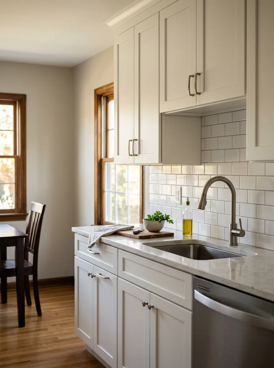A freshly remodeled kitchen with white tile backsplash and new cabinetry inside a Bergen County split-level home.