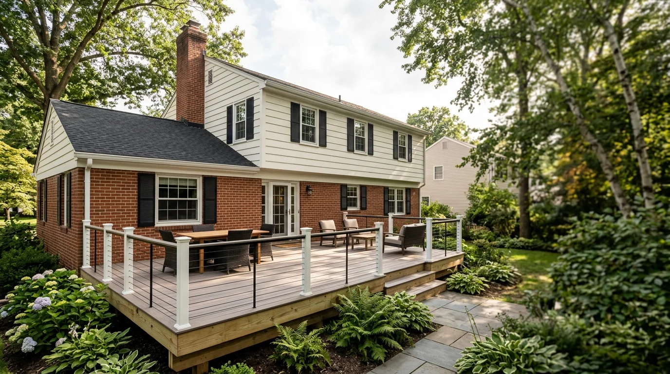 A custom wood deck attached to a 1960s colonial home in Bergen County, NJ, surrounded by mature trees on a residential lot.