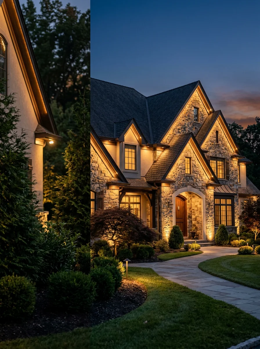 Permanent outdoor lighting installed along the roofline of a Franklin Lakes estate home, illuminating the facade and landscaped front yard at dusk.