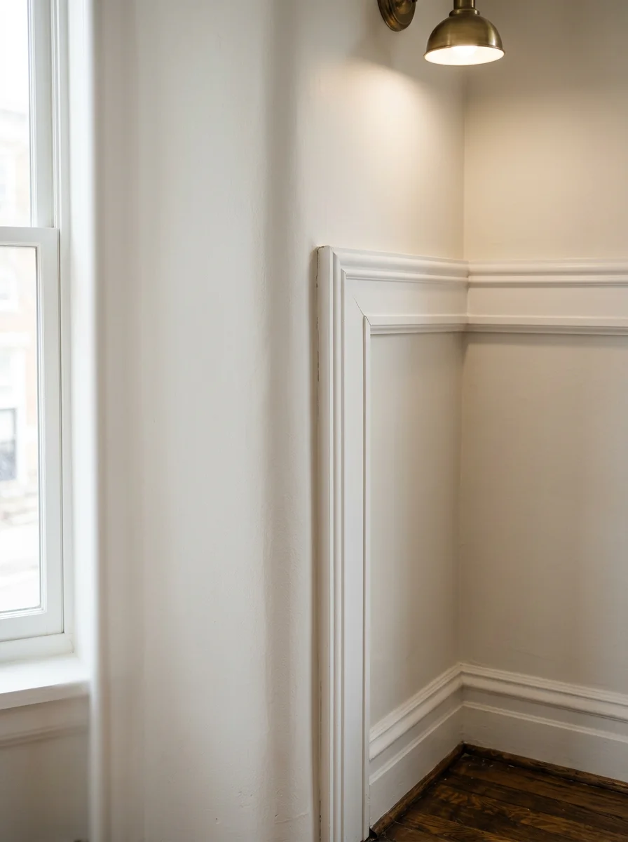 Custom crown molding being installed in the living room of a Hoboken brownstone, matching the original pre-war architectural detail of the home.