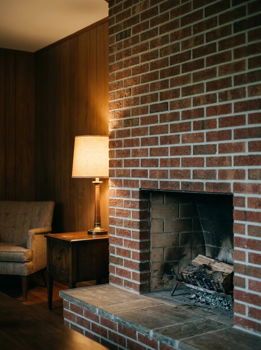 A restored masonry fireplace inside a mid-century Morris County home, with new mortar joints and a cleaned firebox.