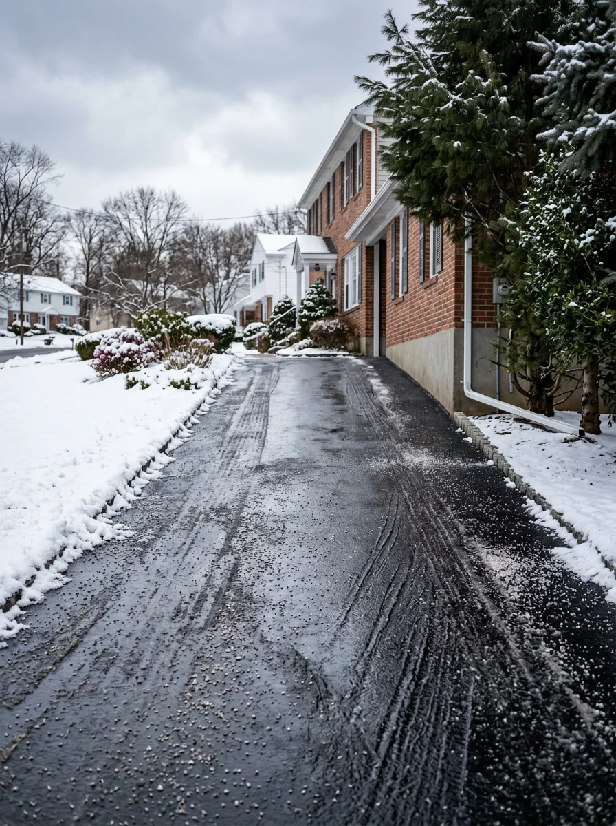 A residential driveway in northern Passaic County being plowed and salted after a winter snowfall on a sloped property.