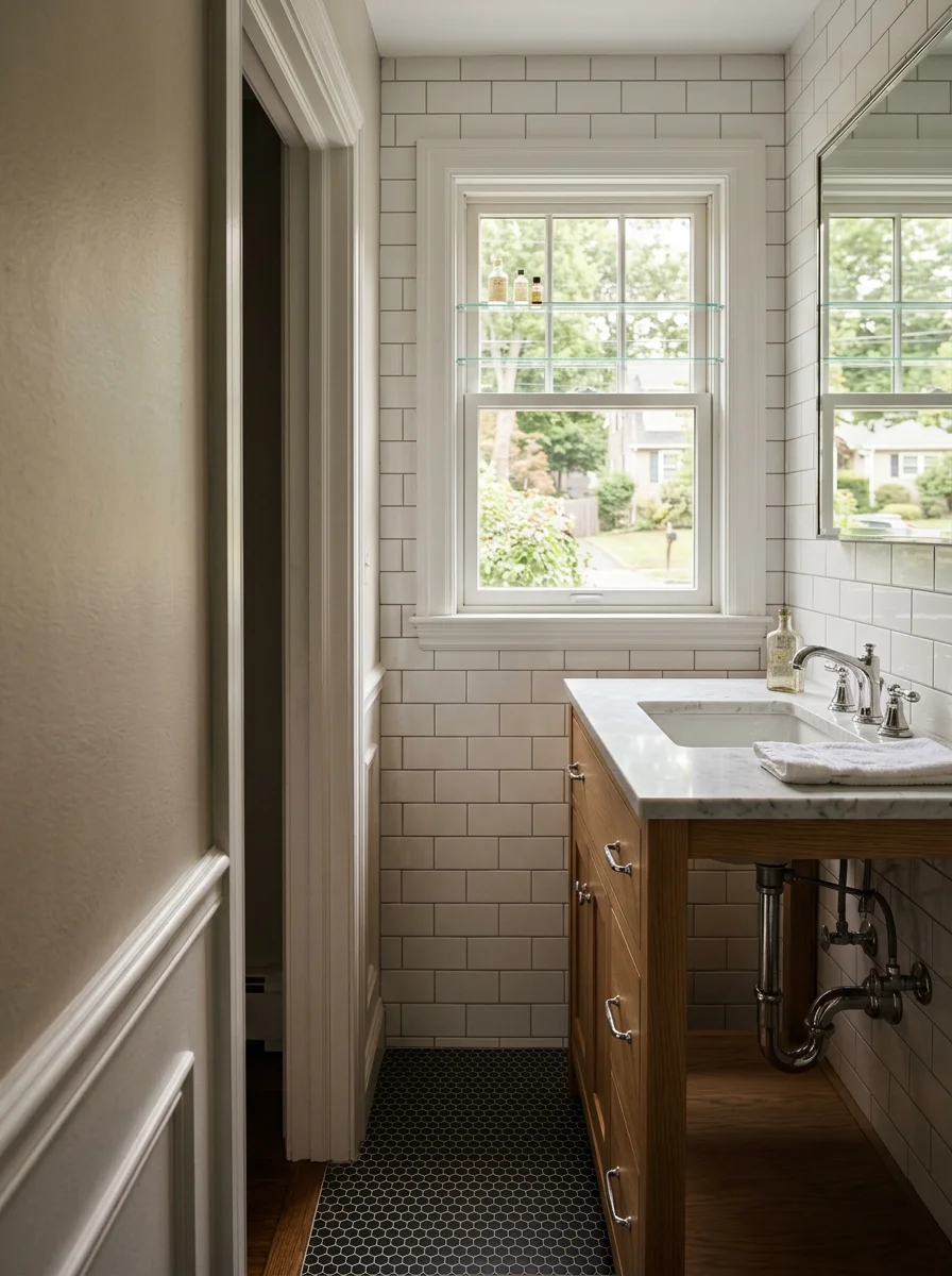 A remodeled bathroom inside a 1960s Cape Cod home in Rockland County, NY, with new white subway tile, updated vanity, and fresh grout throughout.