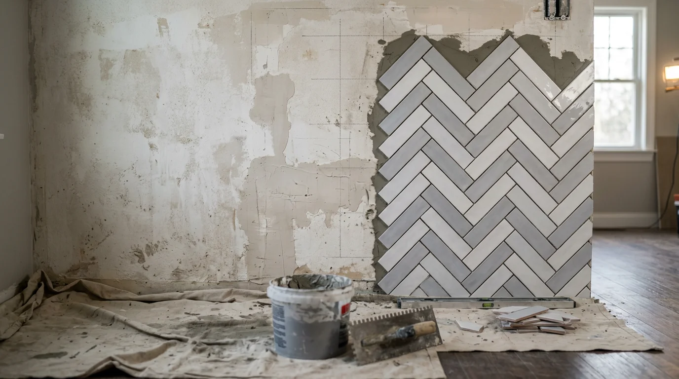 Completed tile accent wall in a Bergen County, NJ home interior, showing evenly set tiles with clean grout lines and precise edge cuts. The feature wall stands out as a clear focal point in the room.