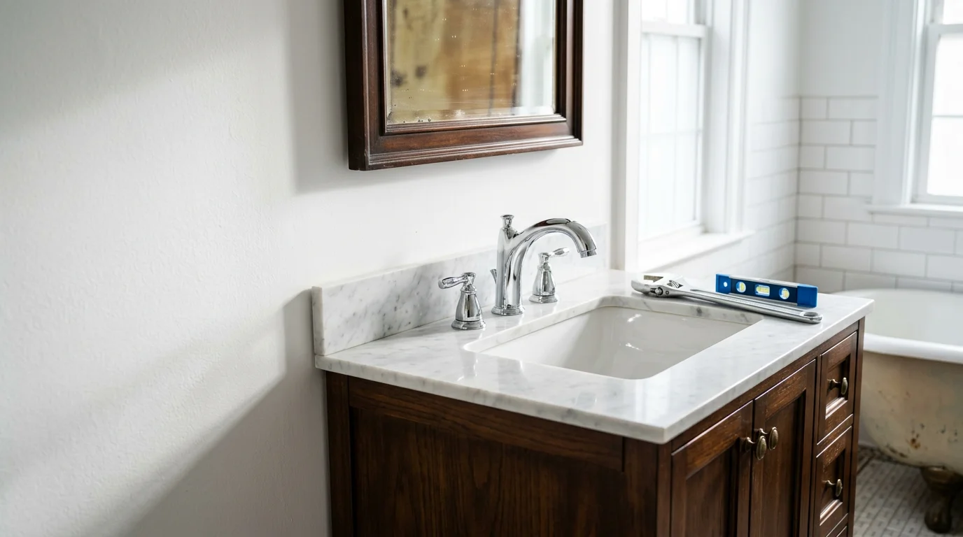 A newly installed bathroom sink faucet and toilet in a Bergen County, NJ home, showing clean connections and updated hardware against a freshly finished bathroom wall.