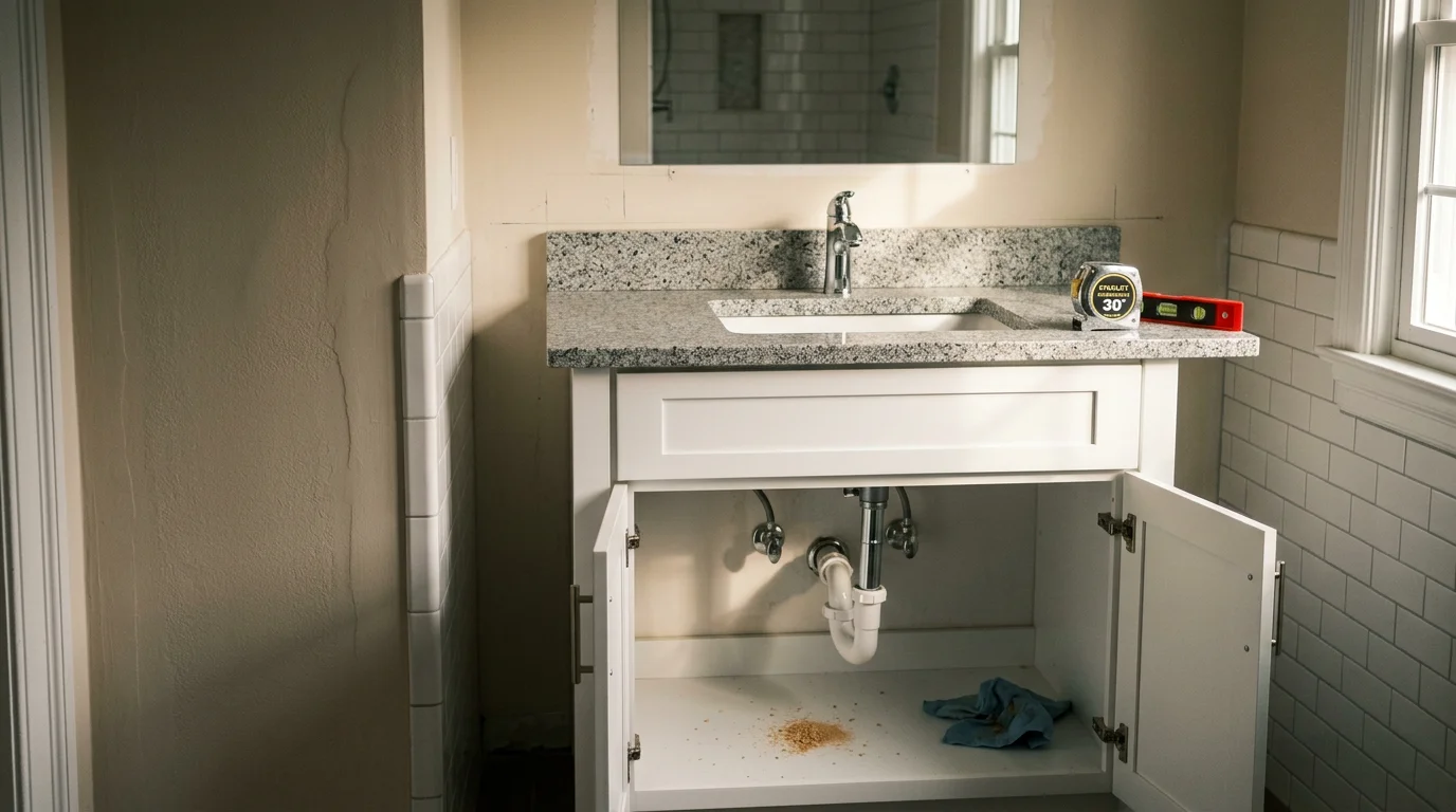 A newly installed bathroom vanity with a white cabinet, countertop, and undermount sink in a Bergen County, NJ home. The vanity is level and anchored to the wall with plumbing connections fully set beneath the cabinet.