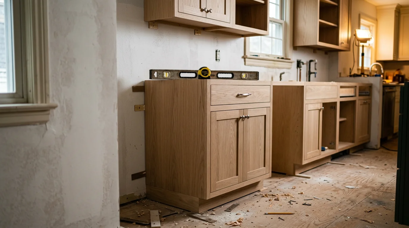Newly installed custom kitchen cabinets in a Bergen County, NJ home, showing floor-to-ceiling cabinetry fitted to the room's walls and layout. White shaker-style doors with dark hardware run along the perimeter of a residential kitchen with a window above the sink.