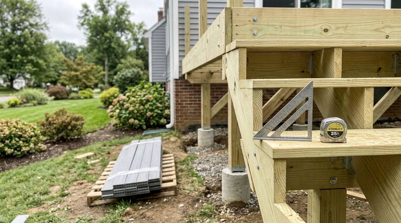 A newly built custom wood deck attached to the back of a residential home in Bergen County, NJ, featuring clean framing, wood decking boards, and a railed staircase leading to the backyard.
