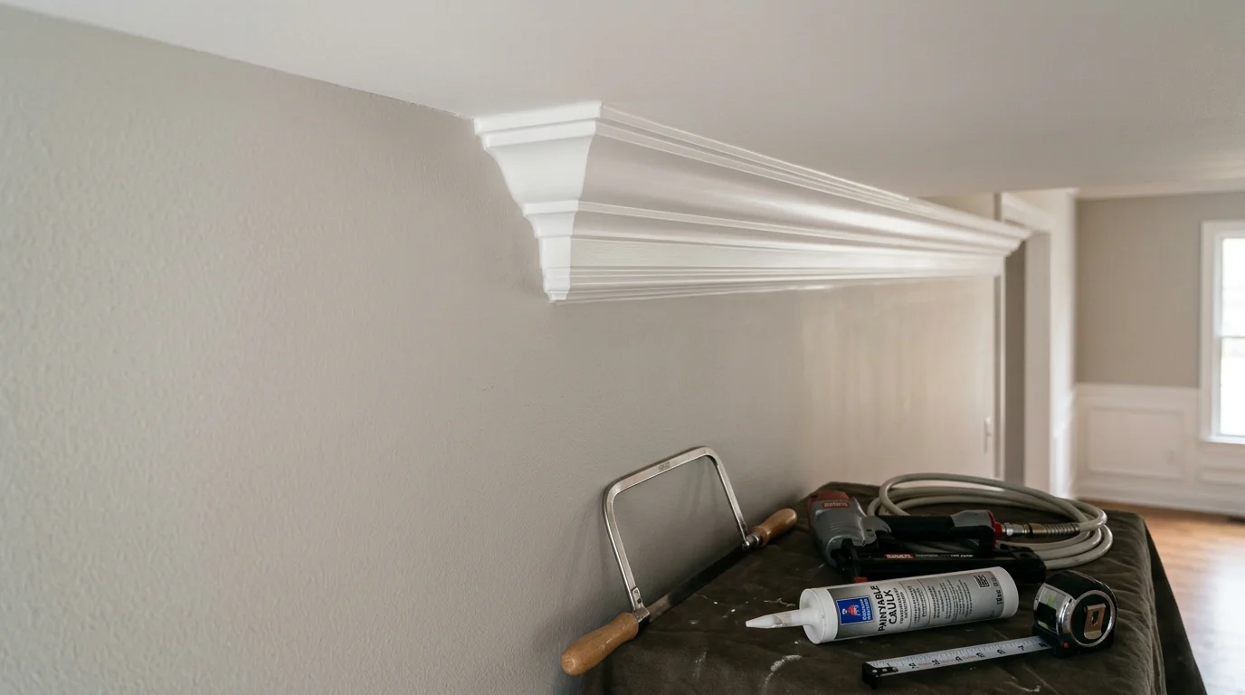 Freshly installed white crown molding and baseboards in a Bergen County, NJ living room, showing tight corner joints and clean trim lines where the wall meets the ceiling.