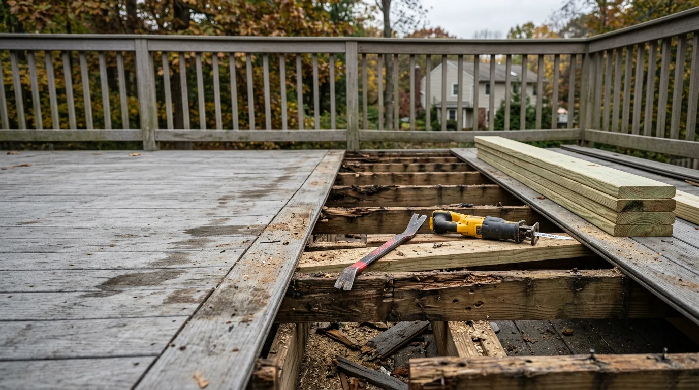 A repaired residential deck in Bergen County, NJ showing replaced decking boards and secured railings on a wood-framed backyard structure. Close detail of new boards blending with existing framing after professional repair work.
