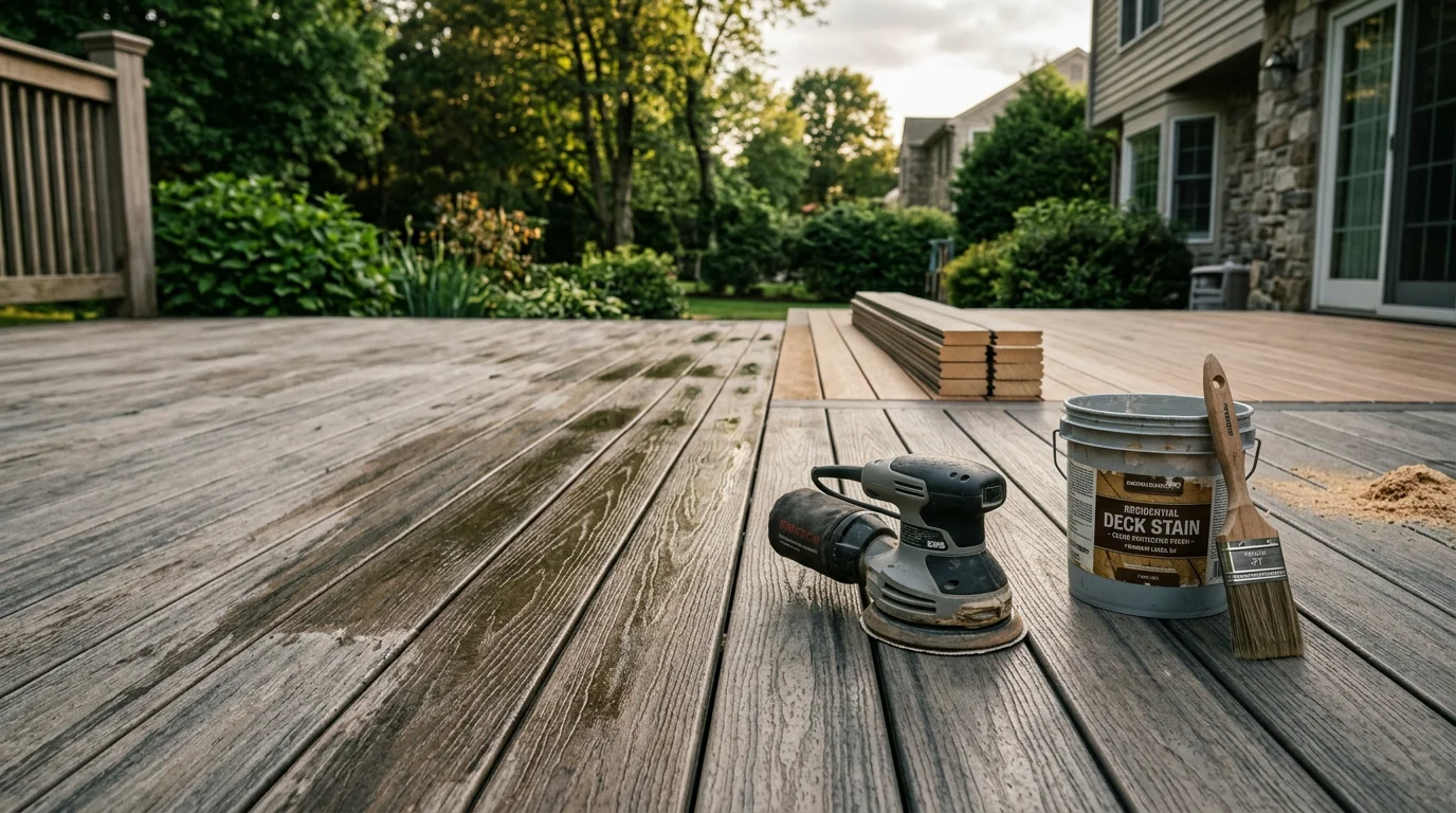 A restored wood deck on a Bergen County, NJ home showing clean, evenly finished boards and solid railings after stripping and refinishing. The surface is smooth and free of peeling finish, with no visible splintering or discoloration.