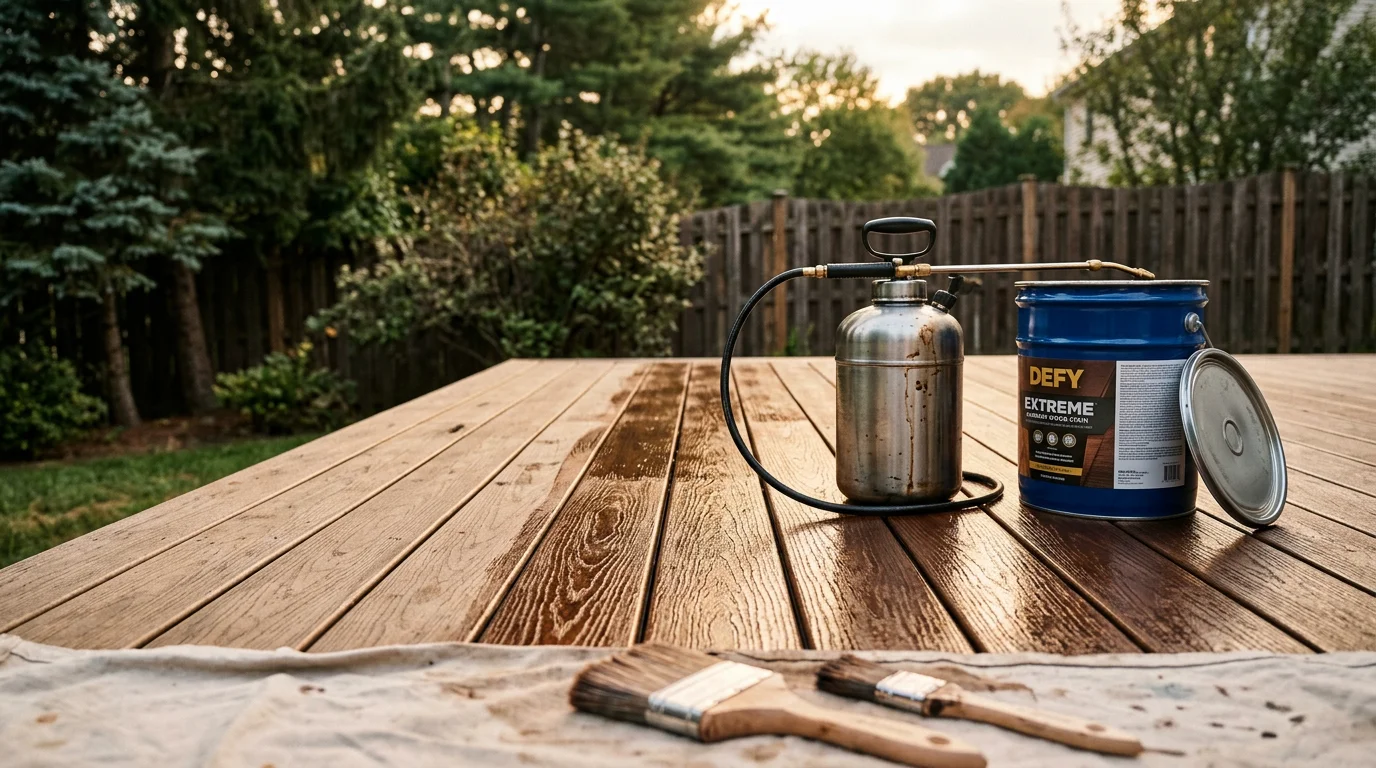 A freshly stained and sealed wood deck on a Bergen County, NJ home, showing even color coverage and a clean surface after professional treatment. The deck boards display a rich, semi-transparent finish with no visible graying, cracking, or mildew.