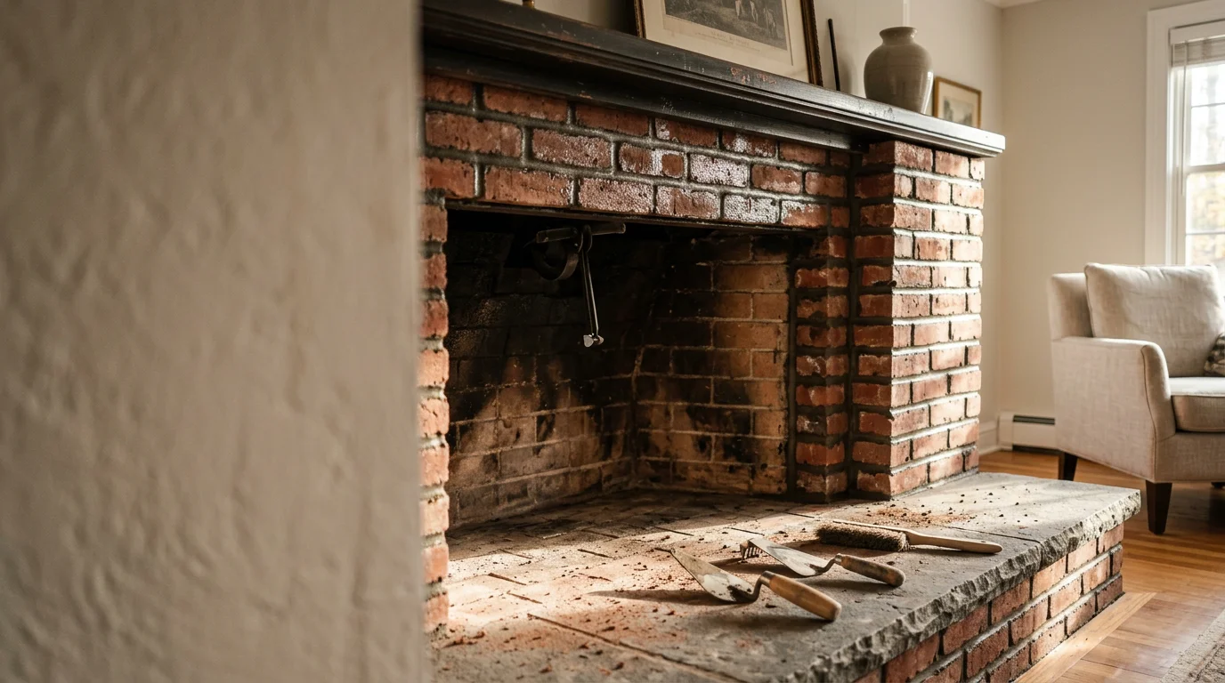 Restored brick fireplace with repointed mortar joints and a clean tile hearth surround in a Bergen County, NJ home. Close-up shows repaired firebricks inside the firebox with no visible cracks or spalling.