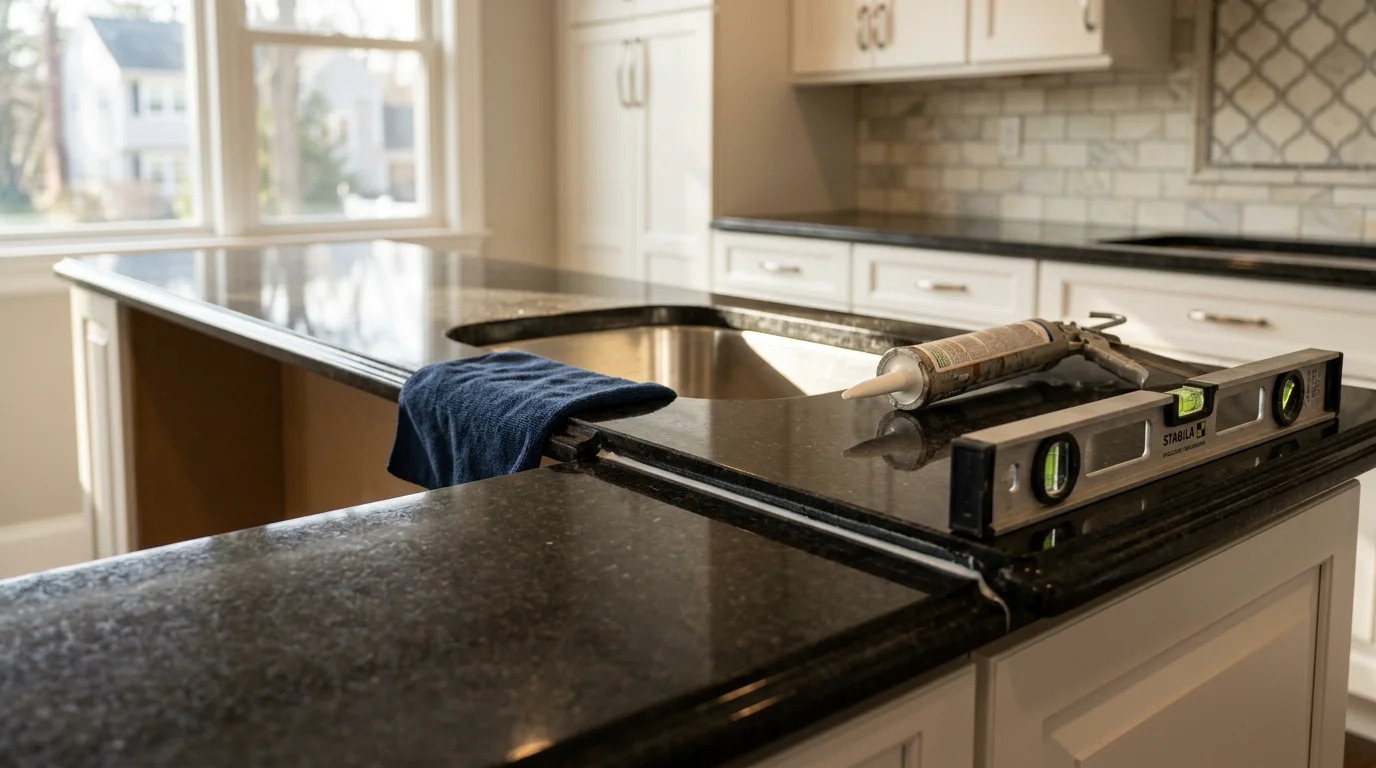 Newly installed kitchen countertop with a fitted sink cutout in a Bergen County, NJ home. The surface is level and flush against the cabinetry, showing clean seams throughout.