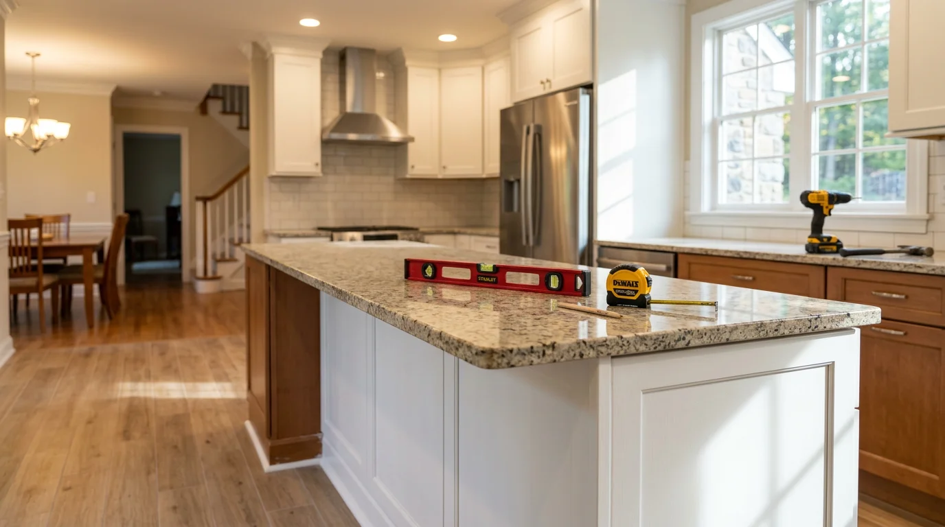 A newly installed kitchen island with cabinet base and countertop in a Bergen County, NJ home. The island includes drawer storage and seating overhang, set within an open-plan kitchen layout.