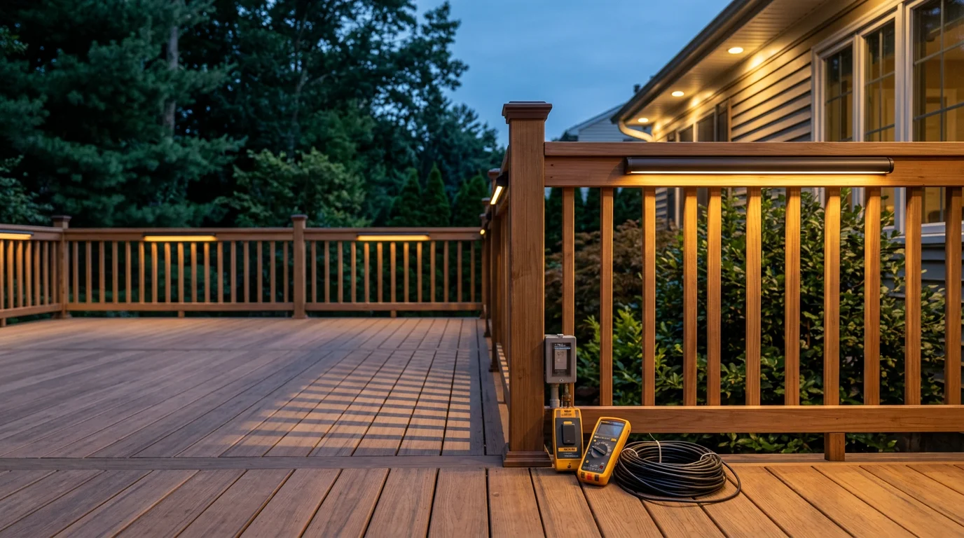 Permanent outdoor LED lighting installed along the roofline and eaves of a residential home in Bergen County, NJ, illuminating the exterior on a clear evening. The fixtures sit flush with the structure and cast even light across the front of the house and surrounding landscaping.