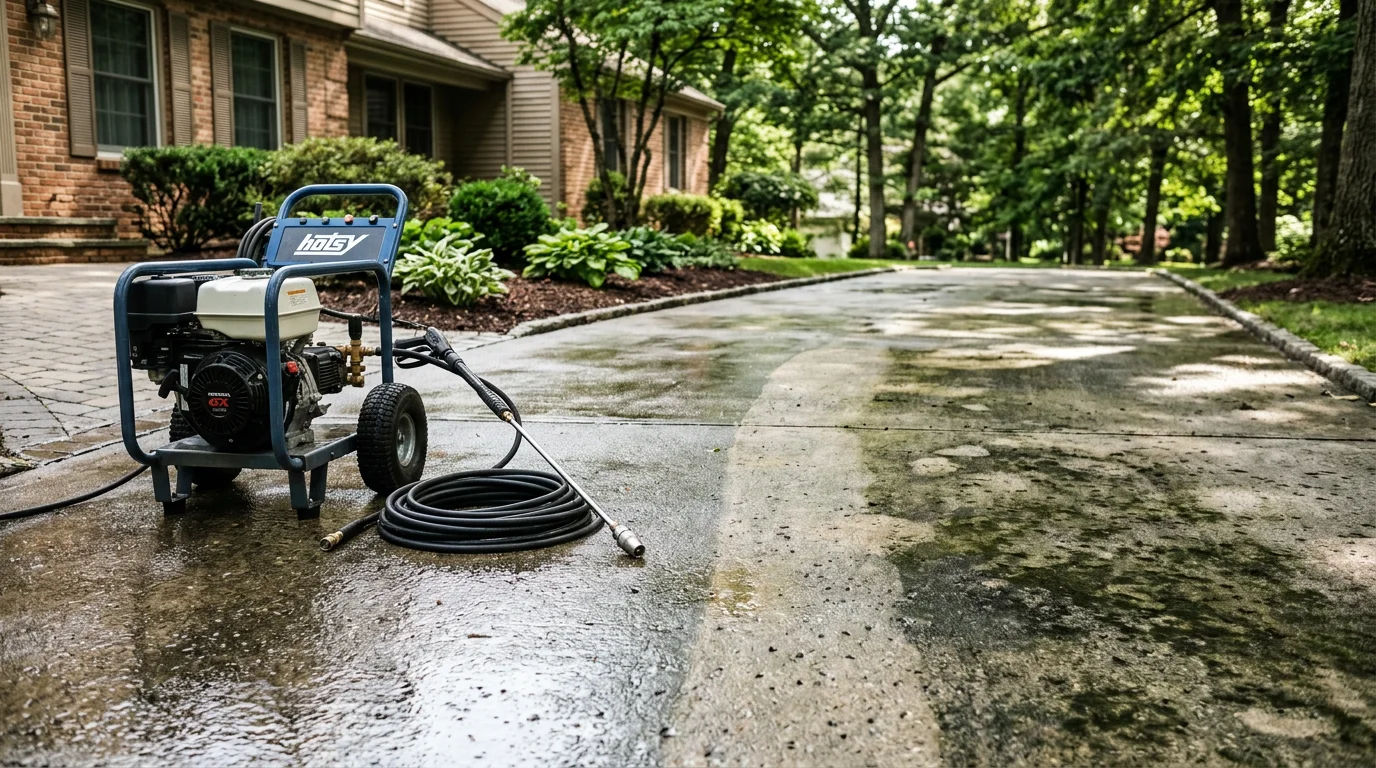 A Bergen County, NJ home exterior showing clean concrete driveway and siding after professional power washing service. Algae streaks and grime have been removed from the siding and walkway surface.